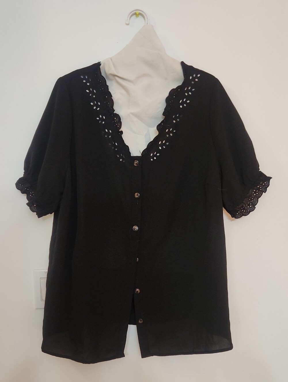 BloomChic Black Eyelet-Trim Button Front Top